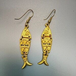 Etruscan Revival Gold Tone Articulated Fish Dangle Earrings Pierced 2" Long